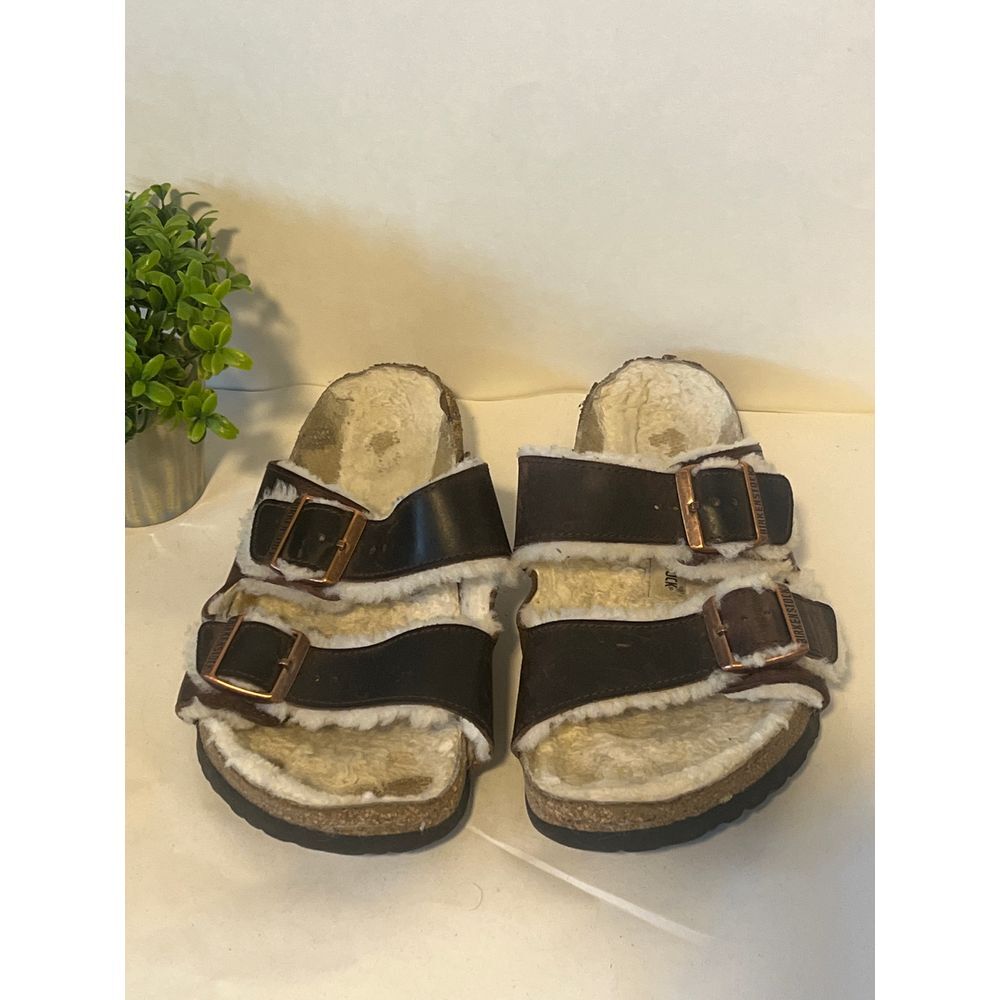 Birkenstock k Arizona Shearling Fur Lines Brown Sandals slip on sz 41 / W10 / M8